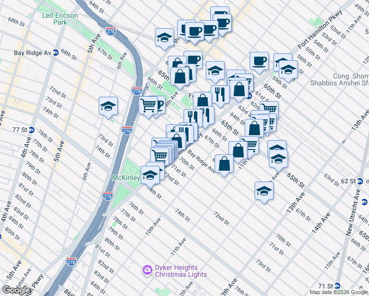 map of restaurants, bars, coffee shops, grocery stores, and more near Fort Hamilton Pkwy & 69th St in Brooklyn