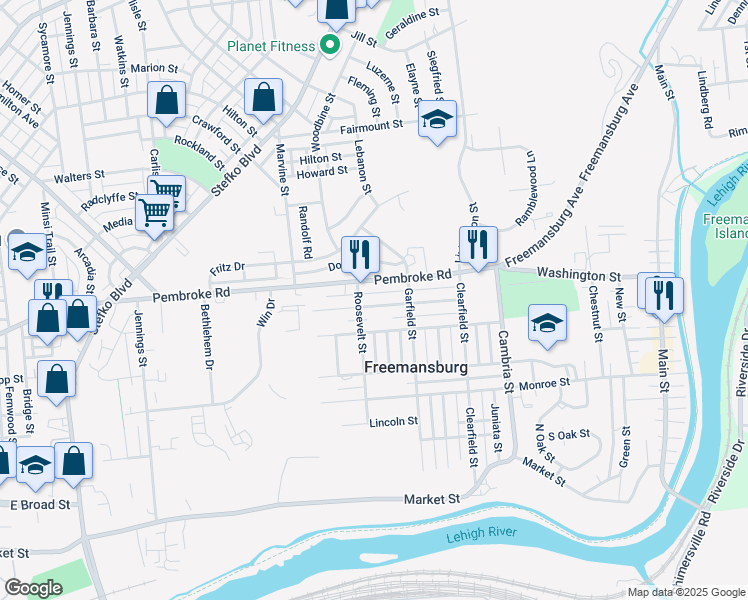 map of restaurants, bars, coffee shops, grocery stores, and more near 954 Pembroke Road in Bethlehem