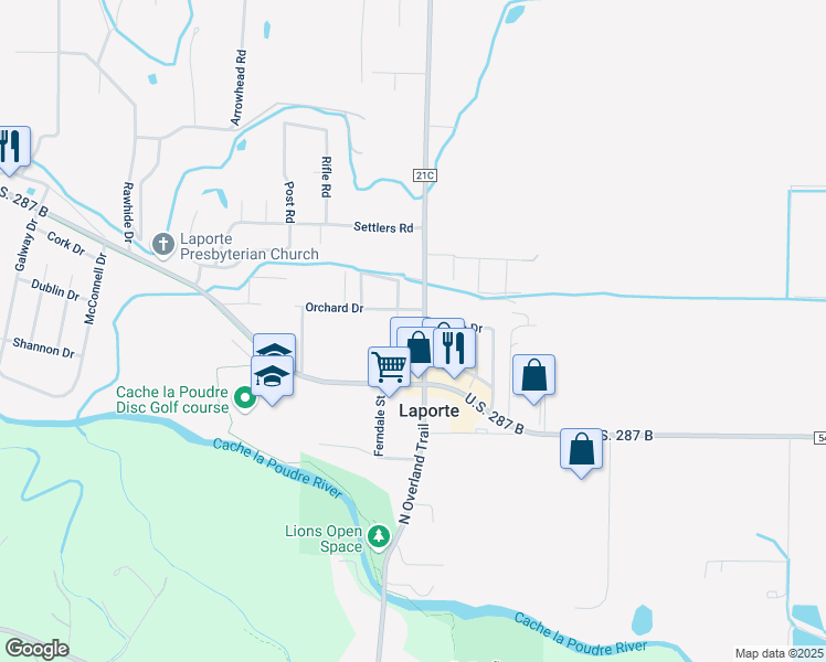 map of restaurants, bars, coffee shops, grocery stores, and more near 2903 North Overland Trail in Laporte