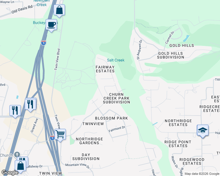 map of restaurants, bars, coffee shops, grocery stores, and more near 6074 Fallworth Drive in Redding