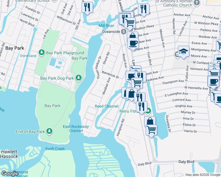 map of restaurants, bars, coffee shops, grocery stores, and more near 3347 Elliott Boulevard in Oceanside
