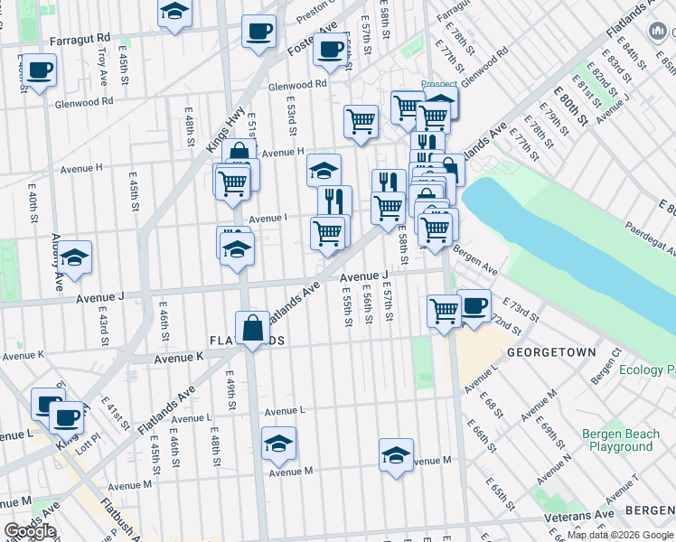 map of restaurants, bars, coffee shops, grocery stores, and more near 1145 East 55th Street in Brooklyn
