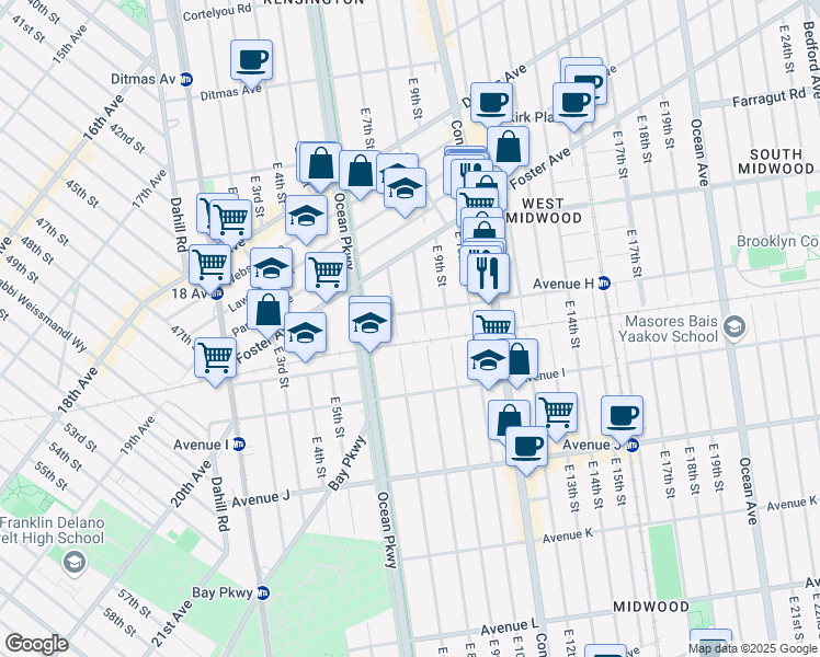 map of restaurants, bars, coffee shops, grocery stores, and more near 760 Avenue H in Brooklyn