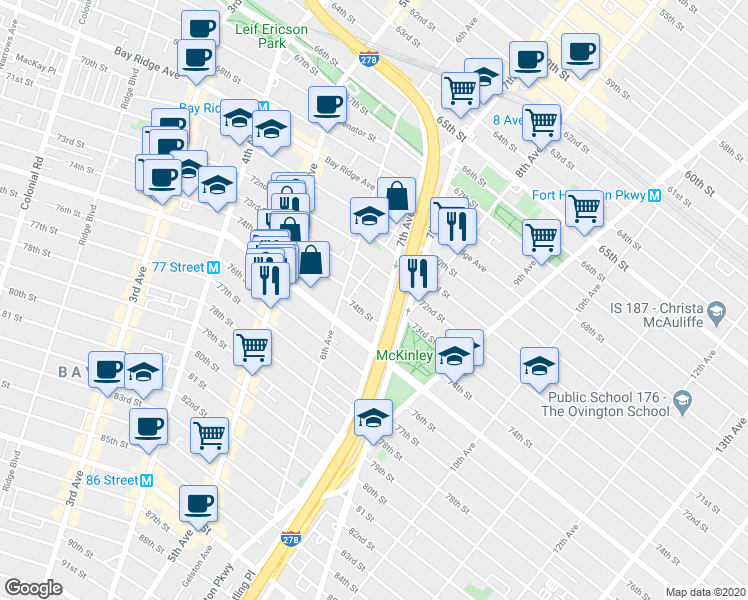map of restaurants, bars, coffee shops, grocery stores, and more near 624 73rd Street in Brooklyn