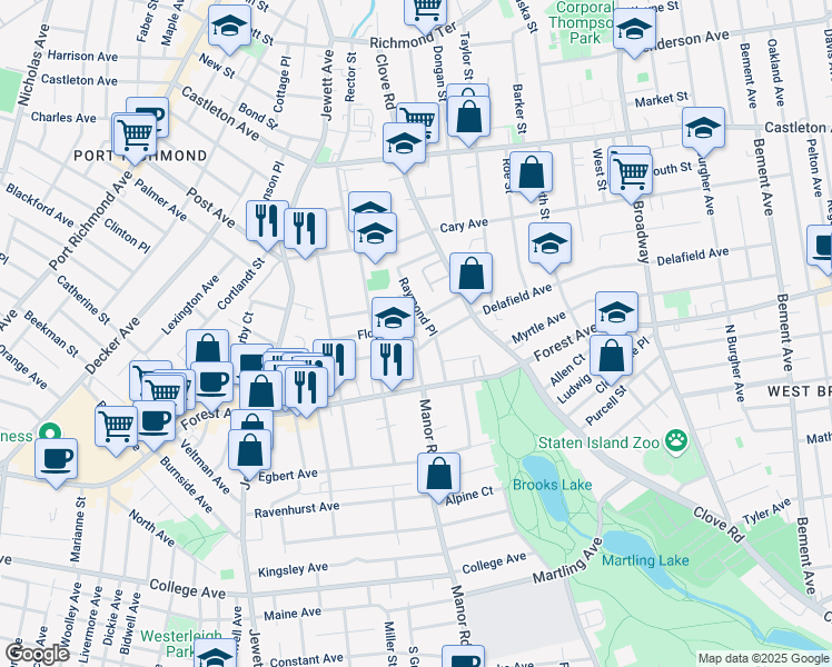 map of restaurants, bars, coffee shops, grocery stores, and more near 27 Floyd Street in Staten Island