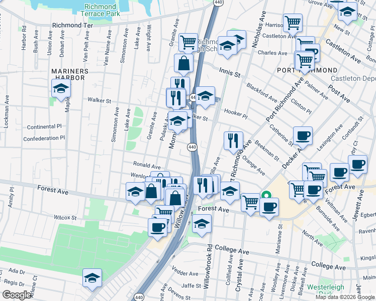 map of restaurants, bars, coffee shops, grocery stores, and more near 22 Saint Adalbert Place South in Staten Island