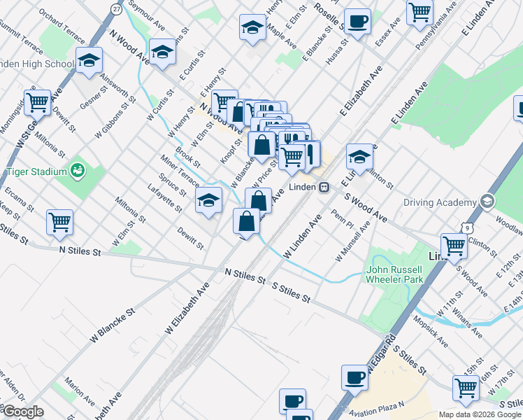 map of restaurants, bars, coffee shops, grocery stores, and more near 200 West Elizabeth Avenue in Linden