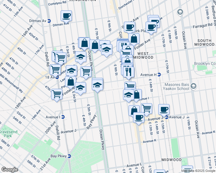 map of restaurants, bars, coffee shops, grocery stores, and more near 840 East 8th Street in Brooklyn