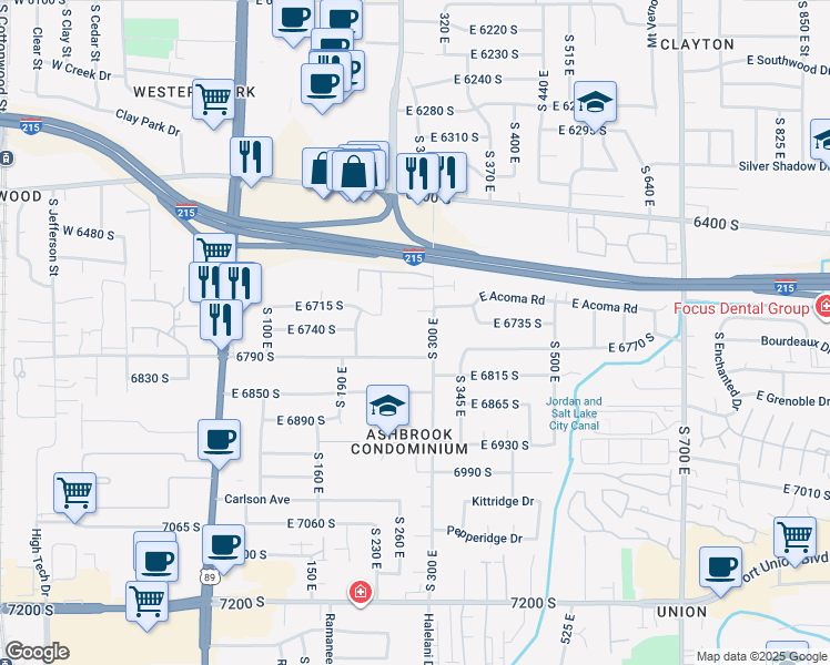 map of restaurants, bars, coffee shops, grocery stores, and more near 276 East Vaughn Lane in Midvale