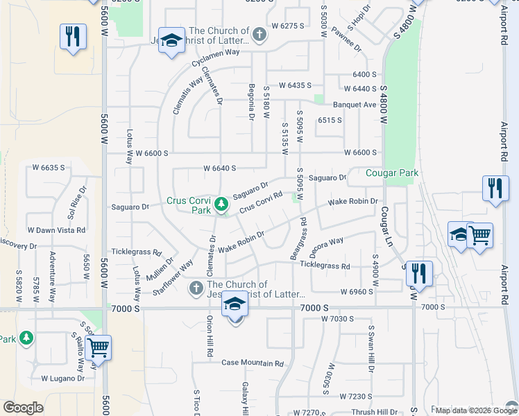 map of restaurants, bars, coffee shops, grocery stores, and more near 5216 Crus Corvi Road in West Jordan