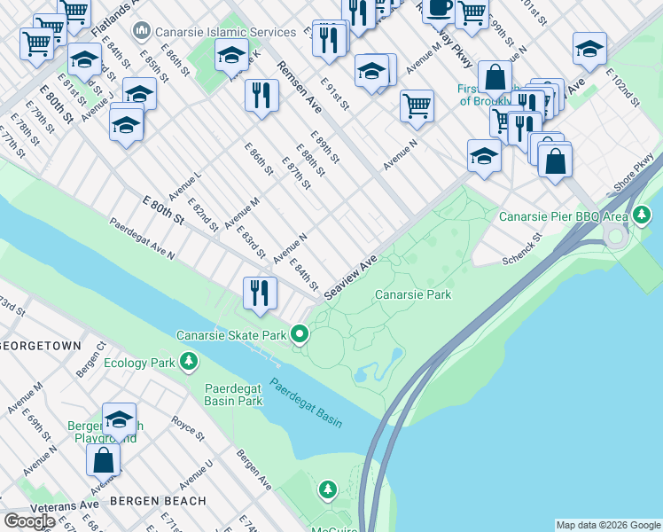 map of restaurants, bars, coffee shops, grocery stores, and more near 1456 East 86th Street in Brooklyn