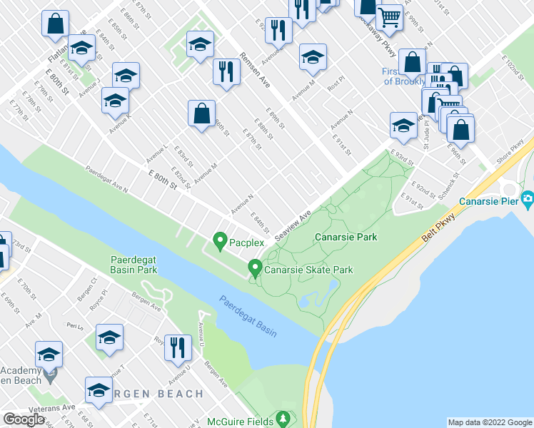 map of restaurants, bars, coffee shops, grocery stores, and more near 1421 East 84th Street in Brooklyn