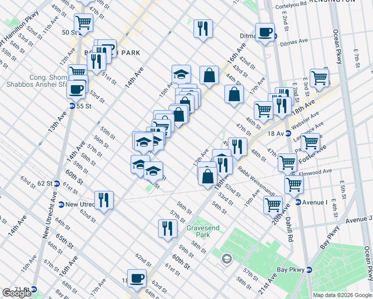 map of restaurants, bars, coffee shops, grocery stores, and more near 1635 52nd Street in Brooklyn