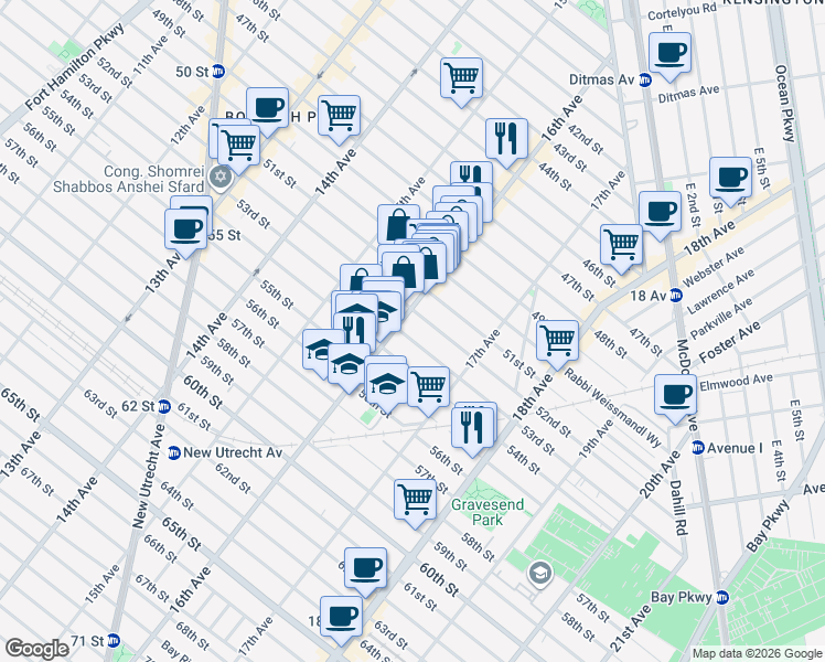 map of restaurants, bars, coffee shops, grocery stores, and more near 5221 16th Avenue in Brooklyn