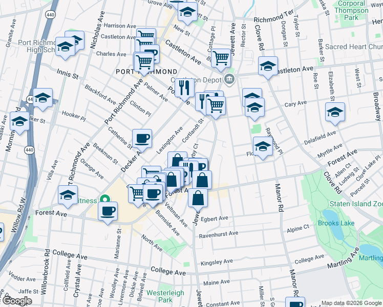 map of restaurants, bars, coffee shops, grocery stores, and more near 91 Cortlandt Street in Staten Island