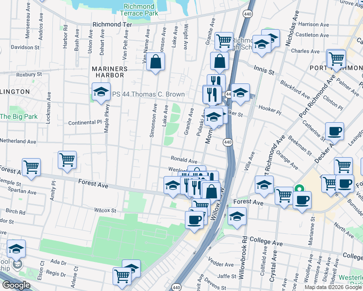 map of restaurants, bars, coffee shops, grocery stores, and more near 283 Granite Avenue in Staten Island