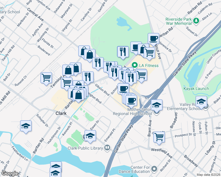 map of restaurants, bars, coffee shops, grocery stores, and more near 49 School Street in Clark
