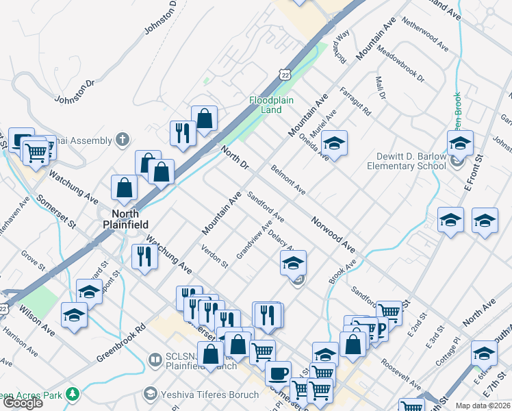 map of restaurants, bars, coffee shops, grocery stores, and more near 190 Sandford Avenue in North Plainfield