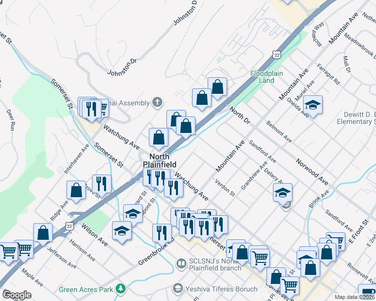 map of restaurants, bars, coffee shops, grocery stores, and more near 65 Codington Avenue in North Plainfield