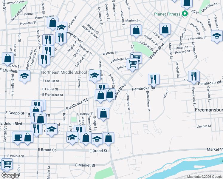map of restaurants, bars, coffee shops, grocery stores, and more near 1119 Arcadia Street in Bethlehem