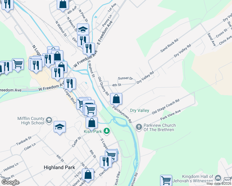 map of restaurants, bars, coffee shops, grocery stores, and more near 409 Locust Street in Burnham