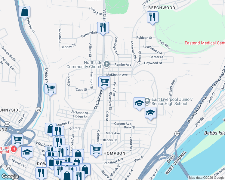 map of restaurants, bars, coffee shops, grocery stores, and more near 1216 Riverview Street in East Liverpool