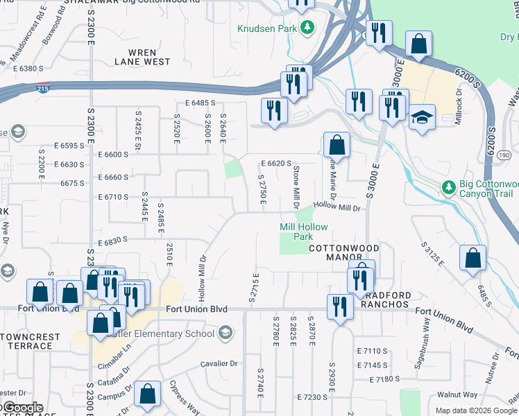 map of restaurants, bars, coffee shops, grocery stores, and more near 6738 South 2750 East in Cottonwood Heights