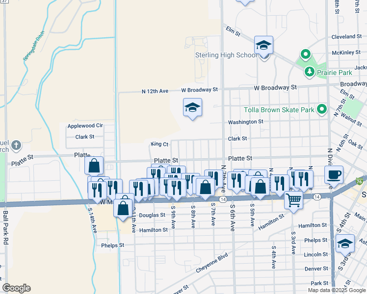 map of restaurants, bars, coffee shops, grocery stores, and more near 907 Clark Street in Sterling