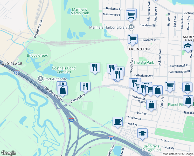 map of restaurants, bars, coffee shops, grocery stores, and more near 2501 Forest Avenue in Staten Island