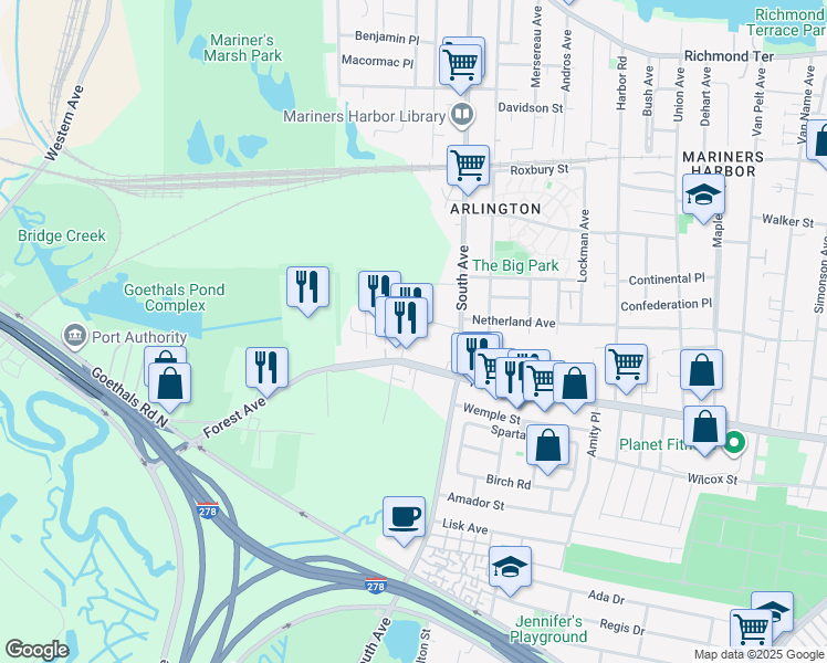 map of restaurants, bars, coffee shops, grocery stores, and more near 39 Dolson Place in Staten Island