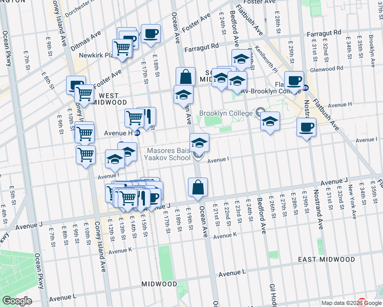 map of restaurants, bars, coffee shops, grocery stores, and more near 1374 Ocean Avenue in Brooklyn