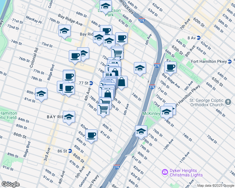 map of restaurants, bars, coffee shops, grocery stores, and more near 530 Bay Ridge Parkway in Brooklyn