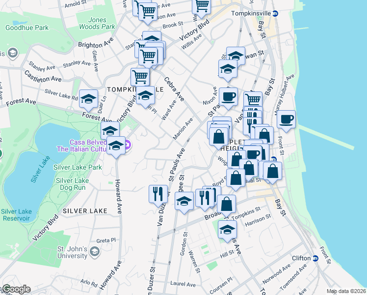 map of restaurants, bars, coffee shops, grocery stores, and more near 76 Occident Ave in Staten Island