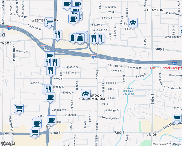 map of restaurants, bars, coffee shops, grocery stores, and more near 264 East Vaughn Lane in Midvale