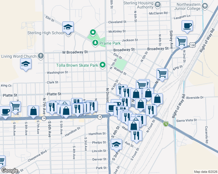map of restaurants, bars, coffee shops, grocery stores, and more near 318 North Division Avenue in Sterling