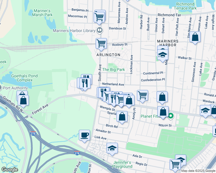 map of restaurants, bars, coffee shops, grocery stores, and more near 450 Netherland Avenue in Staten Island