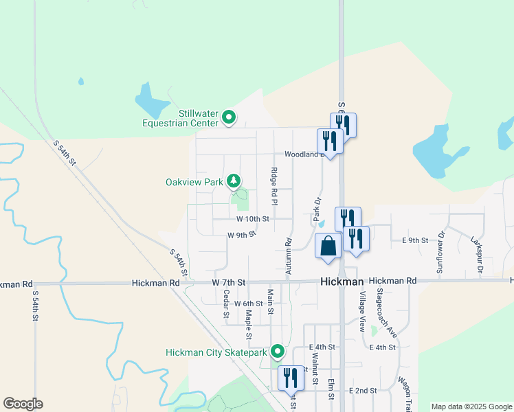 map of restaurants, bars, coffee shops, grocery stores, and more near 1210 Birchwood Drive in Hickman