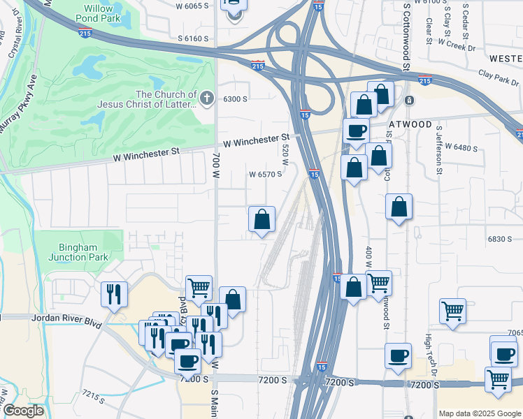 map of restaurants, bars, coffee shops, grocery stores, and more near 586 West 6640 South in Murray