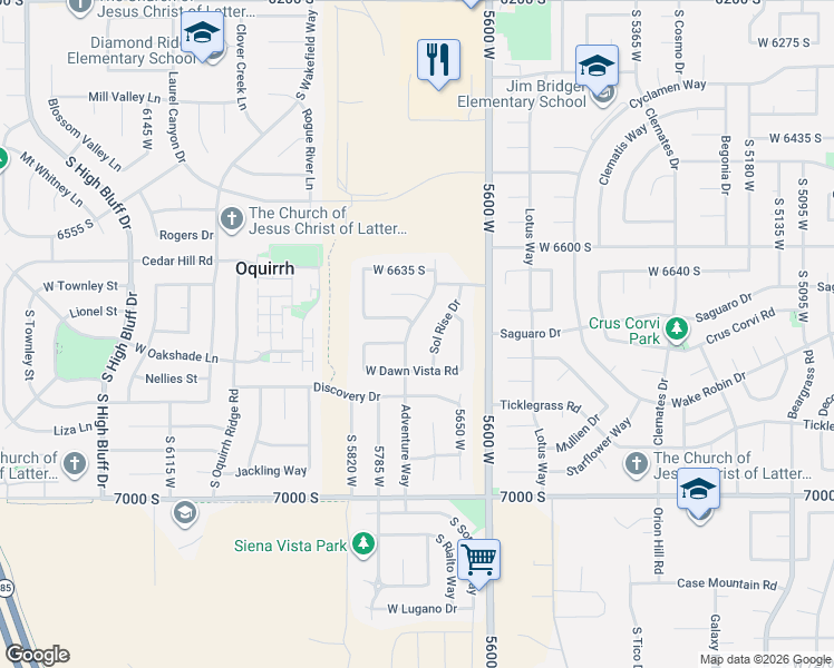 map of restaurants, bars, coffee shops, grocery stores, and more near 6731 Adventure Way in West Jordan