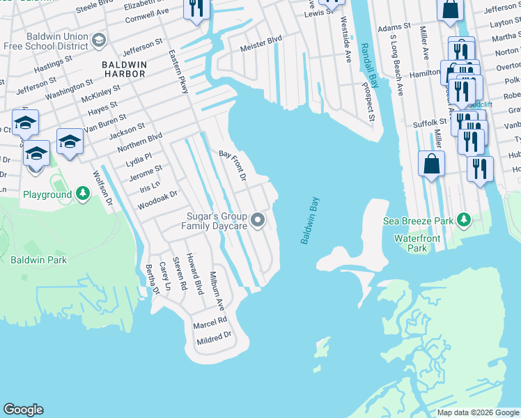 map of restaurants, bars, coffee shops, grocery stores, and more near 3400 Bay Front Place in Baldwin