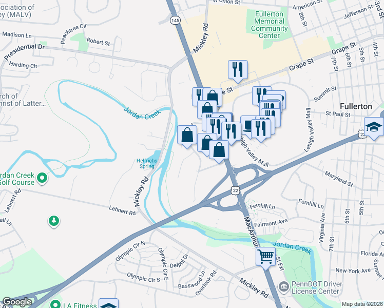 map of restaurants, bars, coffee shops, grocery stores, and more near 1578 Creekside Road in Fullerton