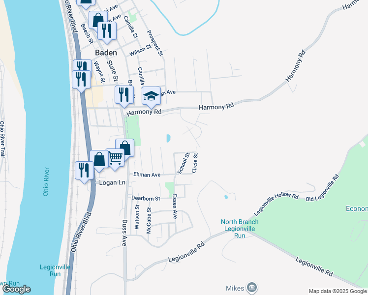 map of restaurants, bars, coffee shops, grocery stores, and more near 735 Hillcrest Avenue in Baden
