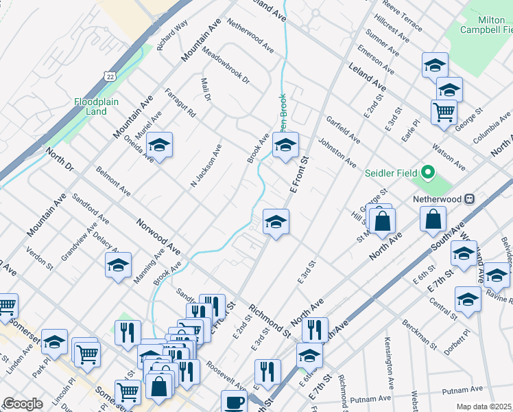 map of restaurants, bars, coffee shops, grocery stores, and more near 643 East Front Street in Plainfield