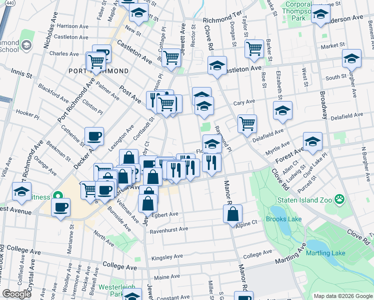 map of restaurants, bars, coffee shops, grocery stores, and more near 117 Dubois Avenue in Staten Island