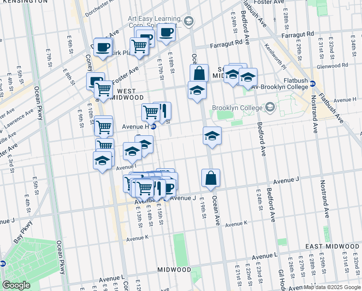 map of restaurants, bars, coffee shops, grocery stores, and more near 900 East 18th Street in Brooklyn