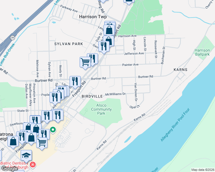 map of restaurants, bars, coffee shops, grocery stores, and more near 112 Shawnee Drive in Natrona Heights
