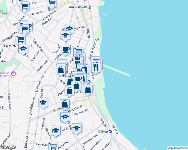 map of restaurants, bars, coffee shops, grocery stores, and more near 36 Navy Pier Court in Staten Island