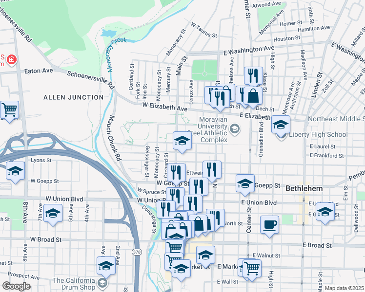 map of restaurants, bars, coffee shops, grocery stores, and more near 76 West Laurel Street in Bethlehem