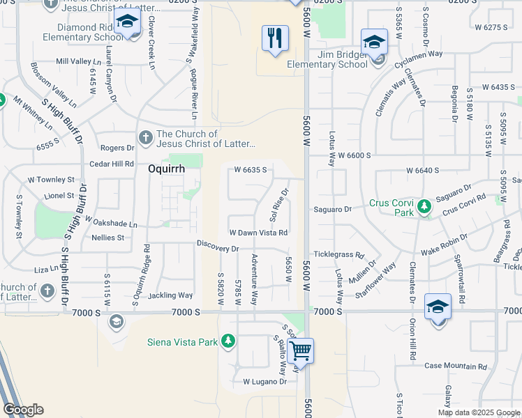 map of restaurants, bars, coffee shops, grocery stores, and more near 6731 Adventure Way in West Jordan