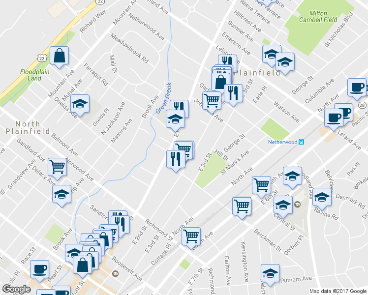 map of restaurants, bars, coffee shops, grocery stores, and more near 728 East Front Street in Plainfield